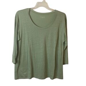 Eileen Fisher Green 100% Linen 3/4 Sleeve V Neck Tunic Top Size Large